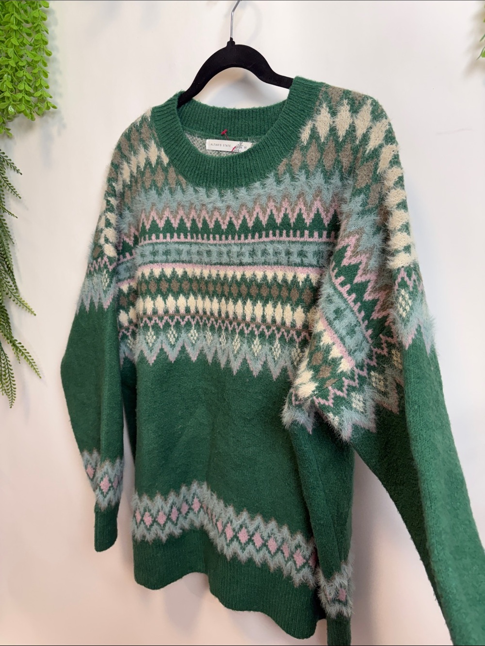Altar'd State Green Fair Isle Crewneck Sweater with Pink & Cream Accents